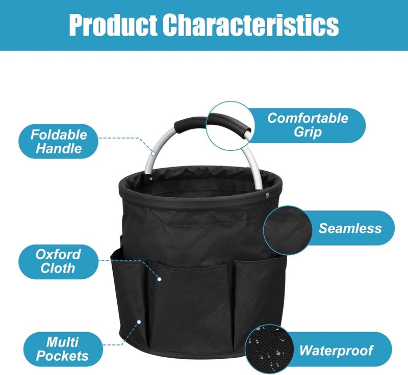 Yallmie 17L Portable Cleaning Bucket Organiser, 6 Pockets Foldable Cleaning Caddy with Handle Wearable Cleaning Caddy Bag for Outdoor Camping Garden Harvest Basket Home Bathroom Storage (Black) - Image 3